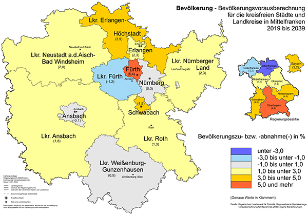 Bevölkerungsvorausberechnung für die kreisfreien Städte und Landkreise in Mittelfranken 2019 bis 2039 Karte Bevölkerungsvorausberechnung 2019-2039