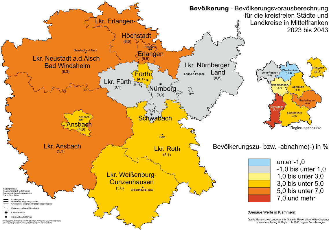 Karte Bevölkerungsvorausberechnung für die kreisfreien Städte und Landkreise in Mittelfranken 0 Karte Bevölkerungsvorausberechnung (Stand: 12.06.2024)
