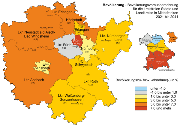 Karte Bevölkerungsvorausberechnung für die kreisfreien Städte und Landkreise in Mittelfranken 0 Karte Bevölkerungsvorausberechnung (Stand: 02.02.2023)